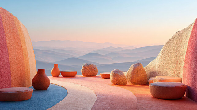 Terracotta mineral tones create aesthetic outdoor seating area with natural stone and pottery against soft mountain backdrop