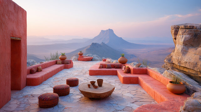 Terracotta outdoor seating with mineral stone floor creates aesthetic space overlooking mountain landscape at sunset
