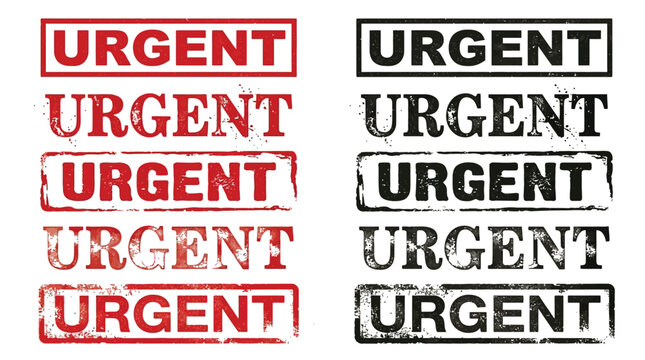 Multiple red and black urgent ink rubber stamp impressions with various worn and distressed textures