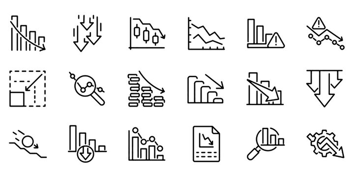 Outline icons related to reduction. Linear icon collection. Editable stroke. Vector illustration