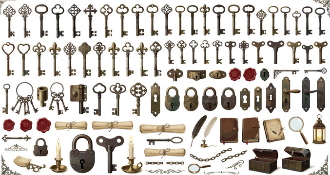 Vintage Antique Key and Lock Vector Set with Old Padlocks, Scrolls, Journals, and Decorative Escape Room Mystery Elements for Graphic Design