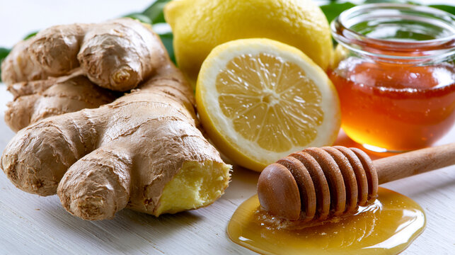 Fresh ginger root with sliced lemon and golden honey dip ingredients wellness nutrition