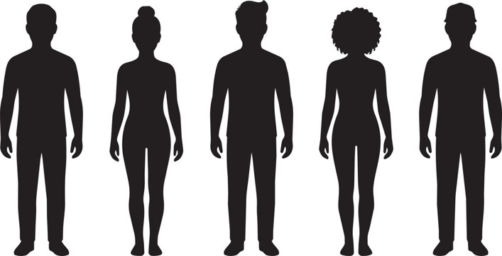 Diverse group of human silhouettes standing together against a white background representing unity and diversity