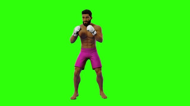 A strong bearded black 3D athlete in pink fight shorts and boxing gloves in a fighting stance on a chroma key green screen background. Suitable for martial arts videos, combat sports promos, video gam