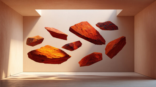 Terracotta mineral rock pieces float in aesthetic minimalist room with warm natural light creating serene atmosphere