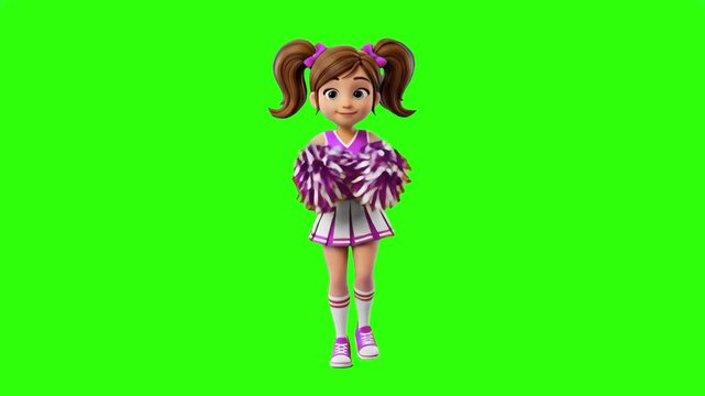 A friendly 3D cartoon character of a young brunette girl in a purple and white cheerleader uniform holding fluffy pom-poms. Isolated on a chroma key green screen background for youth sports and school