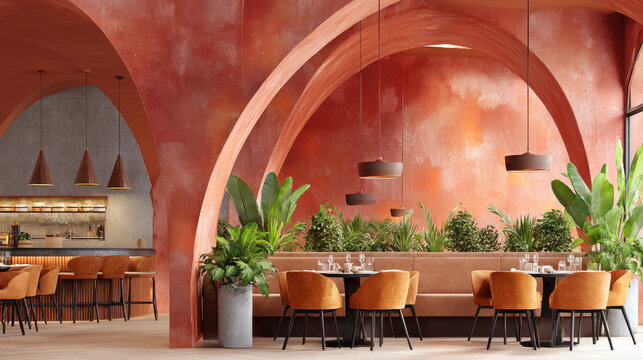Terracotta wall with mineral texture creates aesthetic dining space with modern chairs and lush green plants arched ceilings