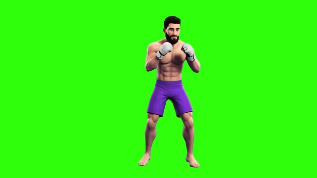 A high-quality 3D rendering of a professional combat sports athlete executing an agile footwork routine in purple training shorts. Sourced against a solid chroma key green screen backdrop, perfect for