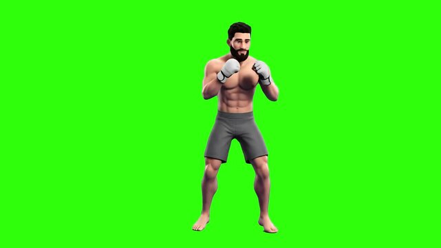 A detailed 3D animated character of an athletic male MMA fighter with a beard, wearing white gloves and grey shorts, practicing footwork in a defensive stance. Isolated against a chroma key green scre