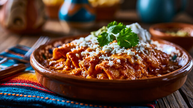 Traditional mexican chilaquiles with red sauce and cotija cheese chilaquiles tortilla