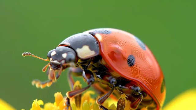 Macro shot of red ladybug crawling on yellow flower stamens against green background