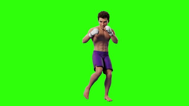 An athletic 3D male boxer or MMA fighter standing in a boxing stance with gloves on a chroma key green screen background. Perfect for sports promos, martial arts edits, fitness commercials, combat gam