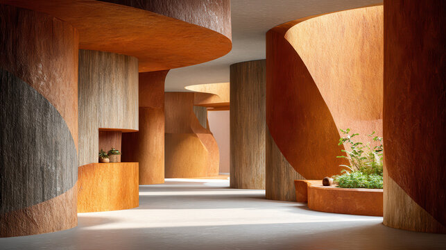 Terracotta walls and mineral textures create aesthetic space with natural light and curved architectural design for warm