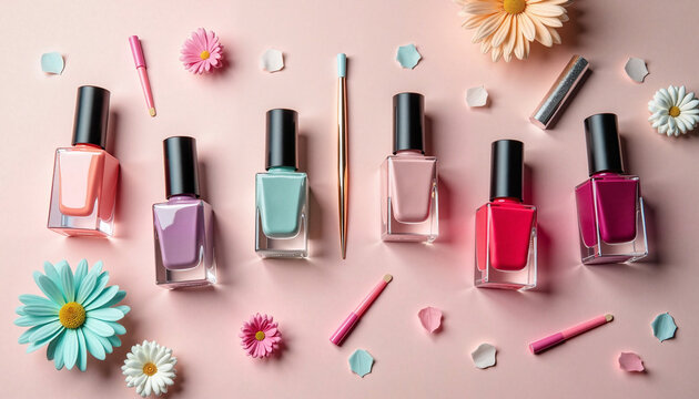 Colorful nail polish bottles with flowers on pastel beauty background, nail salon and nail care services, the concept of self-expression through vibrant manicures