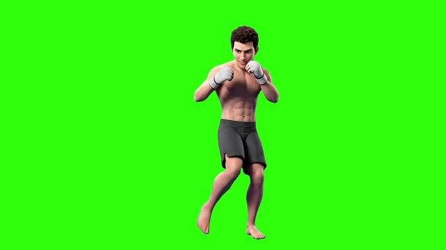 Muscular 3D animated male fighter in black shorts and hand wraps posing in a boxing guard movement over a chroma key green background. Great for combat sports commercials, martial arts video edits, ki