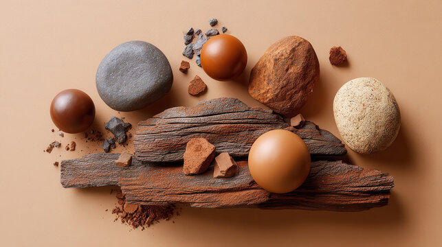 Terracotta mineral stones and spheres create aesthetic natural composition with earthy tones and textured surfaces this image