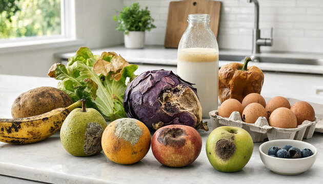 Spoiled and rotten food on kitchen counter, food waste concept