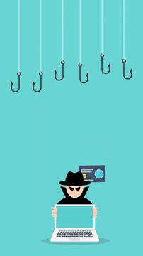 Hacker with laptop computer stealing confidential data, personal information and credit card detail. Hacking concept.