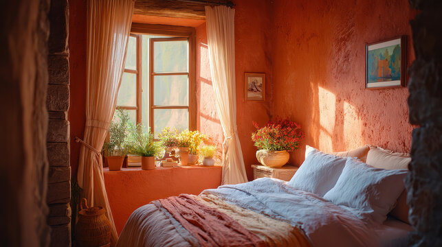Cozy terracotta bedroom with mineral sunlight, aesthetic plants windowsill, soft white pillows, and warm textured walls