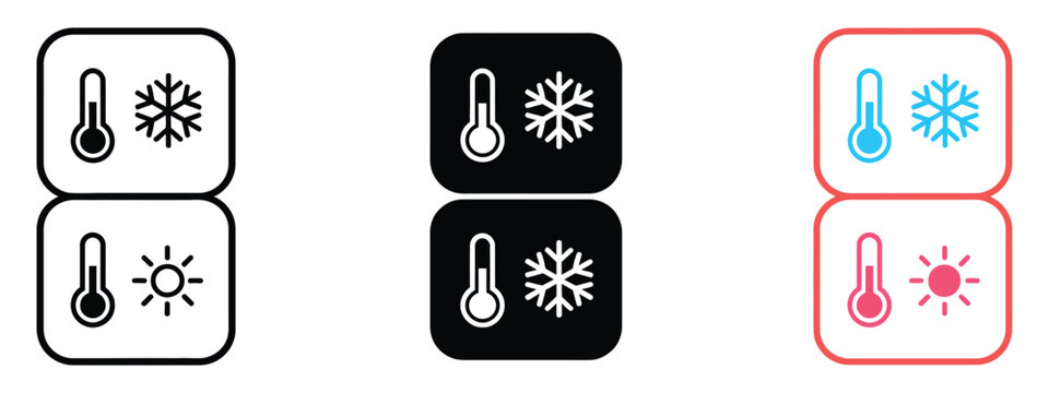 Weather temperature thermometer icon vector, featuring hot sun and cold snowflake symbols for climate, weather forecast, seasonal temperature monitoring, environmental conditions, and meteorology 