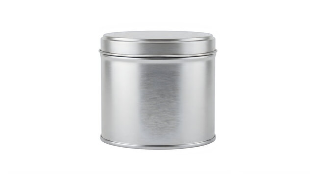 Silver metal cylindrical canister with lid, isolated on a transparent background