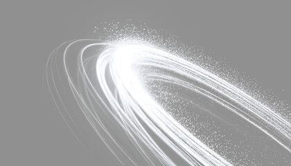 glowing white neon light trails and planetary ring arc, isolated assets on grey background © Maxim