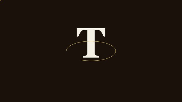 Minimalist letter t animation with gold orbiting ring on dark 4k background, gold ring