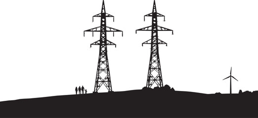 Electricity pylons and wind turbine silhouettes against a horizon during daytime © MST MEHENAJ