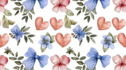 Obraz premium Colorful Floral Watercolor Pattern with Hearts and Bows for Background Design and Seasonal Decoration