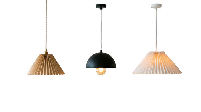 Set of three modern pendant lamps isolated on transparent background