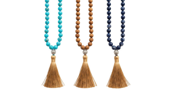 Three beaded necklaces with tassels isolated on transparent background