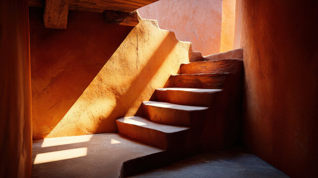 Terracotta stairway with mineral texture and warm light creates aesthetic rustic atmosphere this architectural interior space