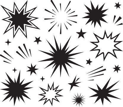Explosion burst star shapes and lines with decorative elements on white background