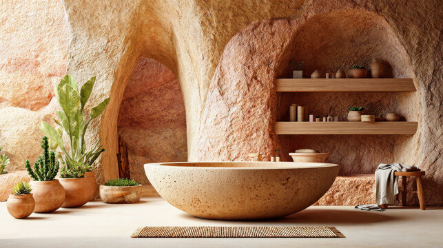 Terracotta bathtub mineral stone aesthetic spa room with natural plants and wooden shelves in cave interior