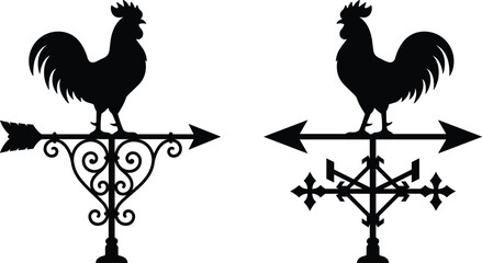 Vintage Rooster Weathervane Silhouette Icon Set Featuring Antique Metal Weather Vanes with Arrows and Decorative Scrolls for Country Farm Vector Illustrations © BijoyChandra