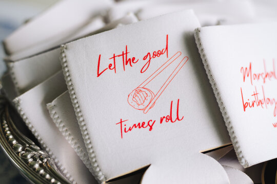 Custom folded can insulators with sushi illustration and pun text