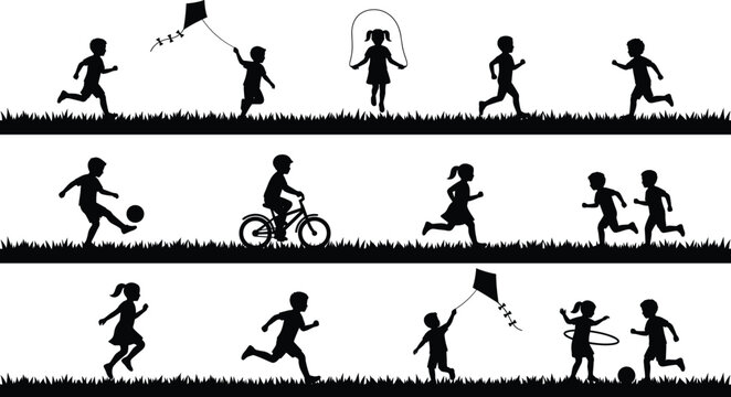 Silhouettes of children playing outdoor summer games and sports on grass field vector set