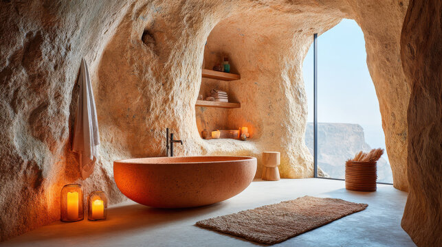 Terracotta bathtub in mineral cave bathroom with aesthetic natural light and cozy candles creating warm ambiance