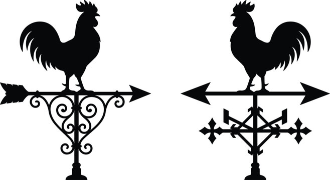 Vintage Rooster Weathervane Silhouette Icon Set Featuring Antique Metal Weather Vanes with Arrows and Decorative Scrolls for Country Farm Vector Illustrations