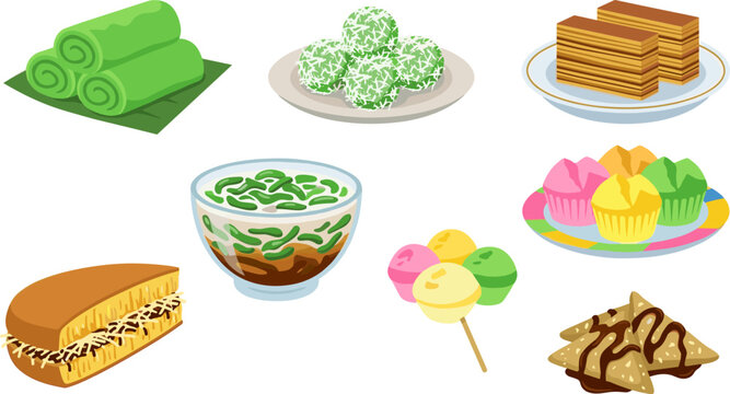 Traditional Indonesian sweets vector collection with kue klepon dadar gulung lapis legit martabak manis es cendol and colorful treats isolated on white.
