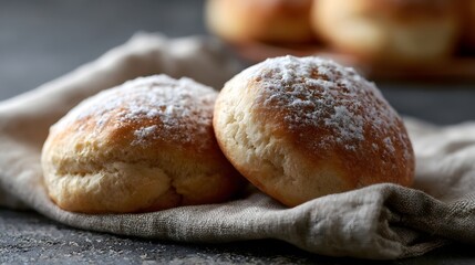 Fototapeta premium Two golden brown pastries dusted with powdered sugar rest on a beige linen cloth against a dark textured surface