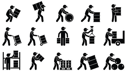 Obraz premium Moving workers icons set, laborers lifting boxes
