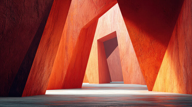 Terracotta walls create mineral texture with aesthetic play of light and shadow in this modern architectural space