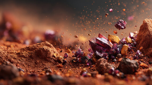 Mineral crystal cluster with terracotta dust and aesthetic warm tones in natural earthy environment with dynamic particles