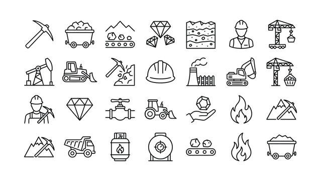 A comprehensive set of line icons depicting mining industry operationsresourcesenergy productionheavy machineryand construction processes for modern design projects