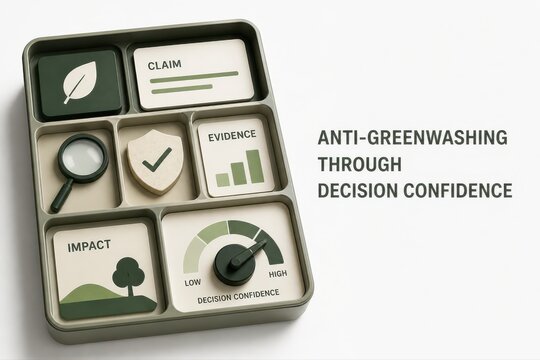 Anti greenwashing decision confidence business dashboard with claim evidence and impact tiles