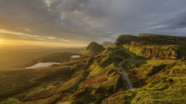 The Quiraing mountain range located on the Isle of Skye in the Scottish Highlands