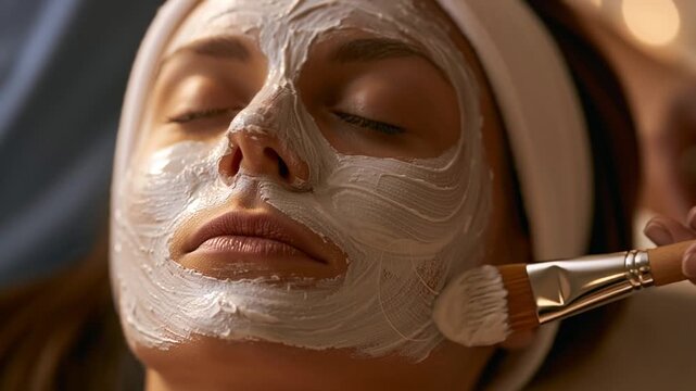 Close-up of a relaxed young woman with eyes closed getting a white cosmetic mud mask applied to her cheek by a beautician using a soft brush at a luxury spa.