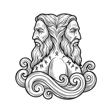 Two faced janus head with ancient runes engraving.