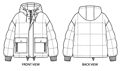 Oversized Unisex Hooded Padded Jacket Technical Drawing CAD Mockup Front Back Vector © mstRehena